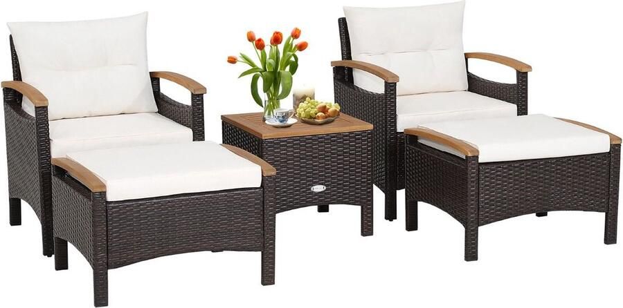 Costway SureDeal 5-Delige Rotan Terrasmeubelset Loungeset Bank Houten Blad Tuinbank Tuinmeubel Buiten