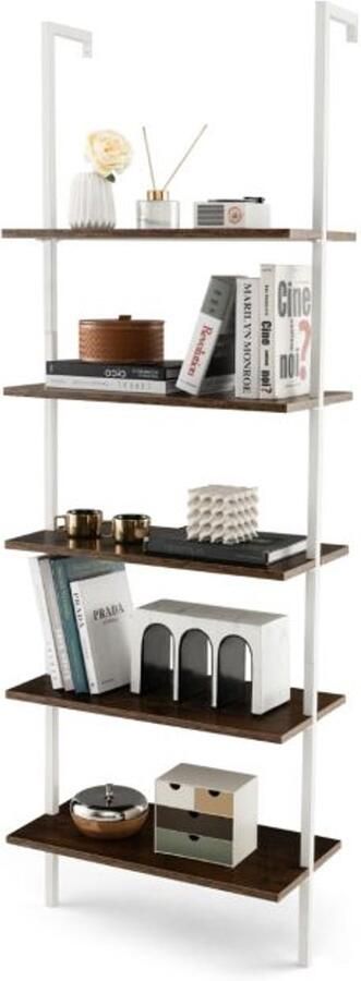 Costway SureDeal 5-Tier Ladder Plank Muurbevestigde Boekenkast met Stalen Frame Open Opslagplanken Wit -Bruin 60x30x180 cm Stevige Bloemenstandaard
