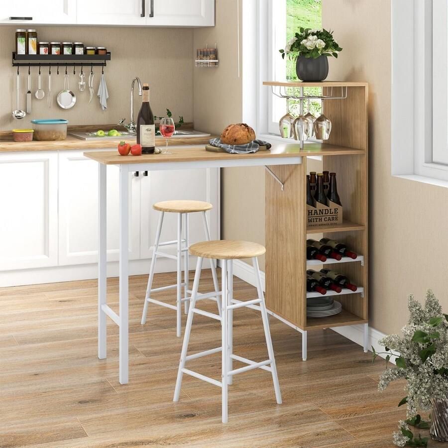 Costway SureDeal Bartafel Set Eettafel Keukentafel Ruimtebesparend Twee Barkrukken Opslagruimte Wijnrek 120x40x121 5 cm Tafel Woonkamer Eetkamer Balkon Natuur