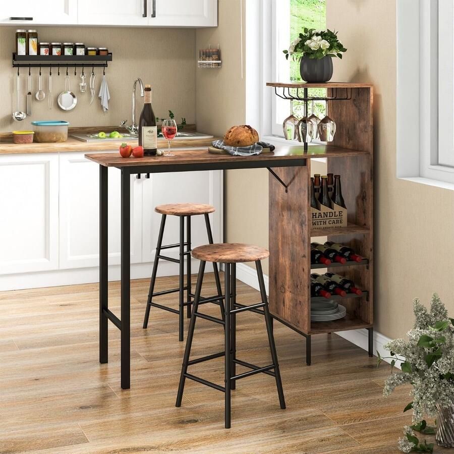Costway SureDeal Bartafel Set Eettafel Keukentafel Ruimtebesparend Twee Barkrukken Opslagruimte Wijnrek 120x40x121 5 cm Tafel Woonkamer Eetkamer Balkon Bruin