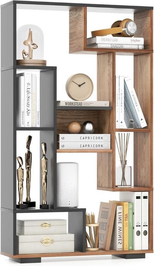 Costway SureDeal Boekenkast Vakkenkast 9 Vakken Opbergmeubel Scheidingswand Woonkamer Studeerkamer Slaapkamer 20x70x120 cm Bruin Zwart Kast