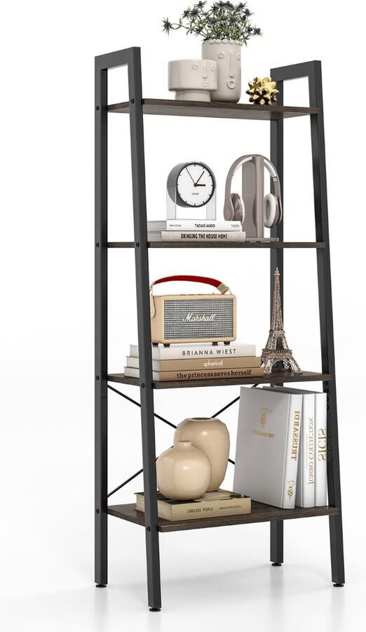 Costway SureDeal Boekenkast Vakkenkast Plantenrek 4 Niveaus Ladderrek Grijs Eiken 56x34x138 cm Kast Woonkamer Slaapkamer