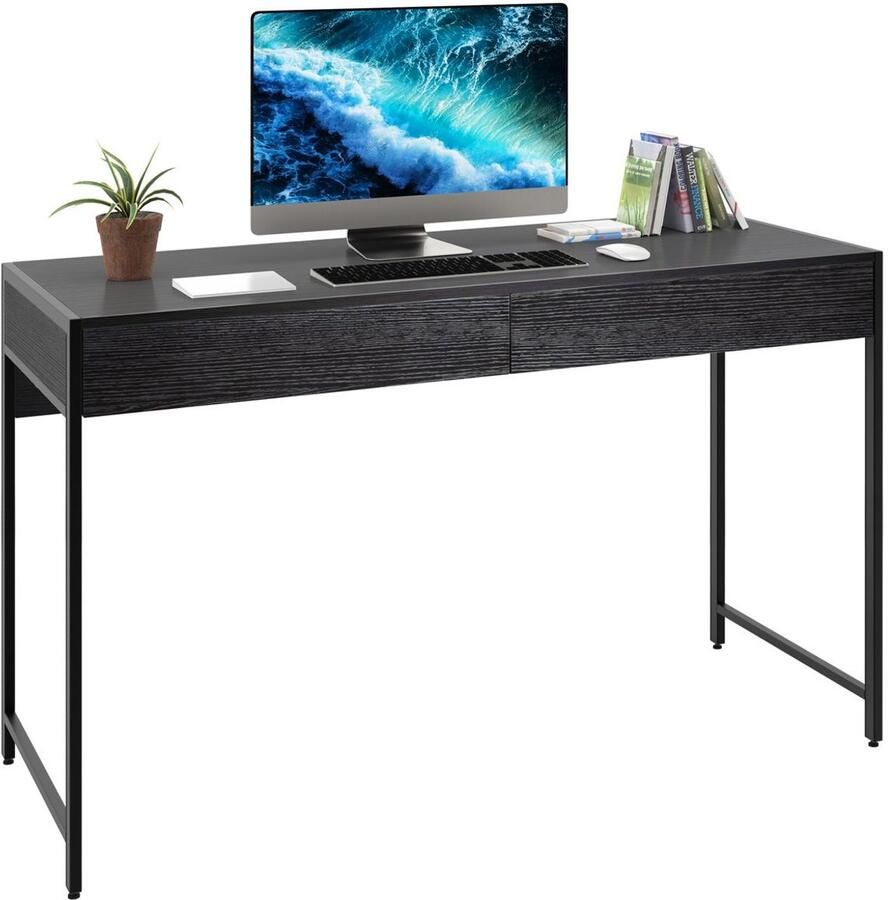 Costway SureDeal Bureau Computertafel 112x48x76 cm Hout -Staal 2 Lades Zwart Stabiel -Industrieel