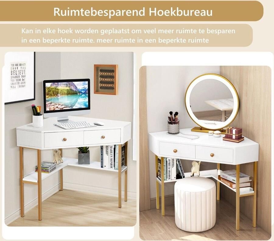 Costway SureDeal Bureau Hoekbureau 70 5x70 5x75 cm Ruimtebesparend Goud Slaapkamer Kantoor Woonkamer
