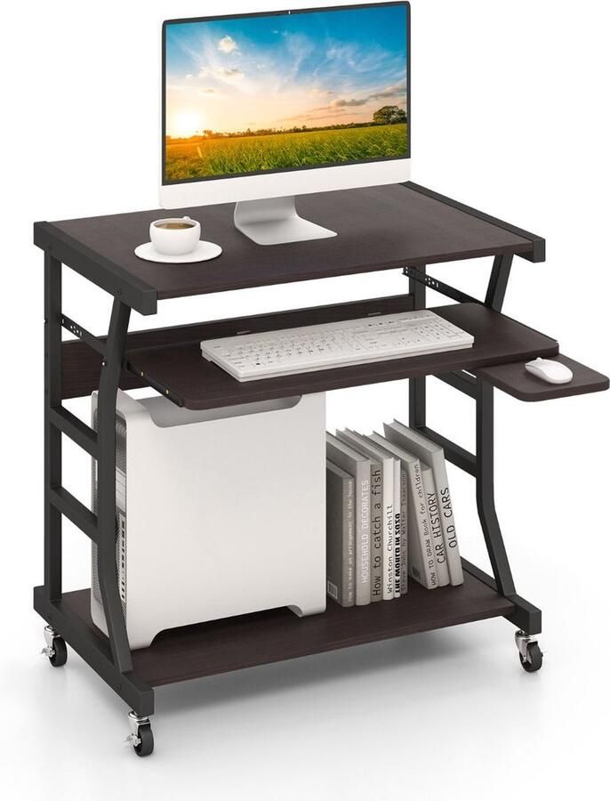 Costway SureDeal Bureau Hout Met Wielen Verplaatsbaar 75x50x75 cm Bedtafel Uitschuifbaar Toetsenbord Gaming Bureau Slaapkamer Kantoor