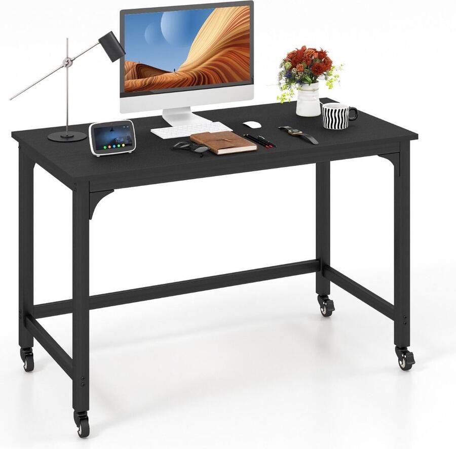 Costway SureDeal Bureau Hout Met Wielen Verplaatsbaar Zwart 120x60x76 cm Gaming Bureau Slaapkamer Kantoor