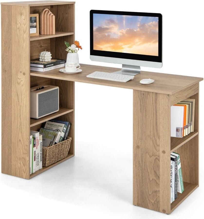 Costway SureDeal Bureau Licht Hout 6 Opbergvakken Kast 122x51x122 cm Salontafel Woonkamer Slaapkamer Kantoor