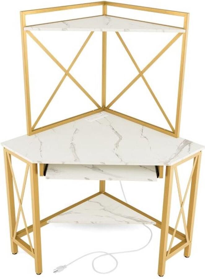 Costway SureDeal Bureau met Laadstation Hoekcomputertafel Met Toetsenbordplank en 2 Planken Metalen Frame Werktafel voor Thuiskantoor Goud + Wit