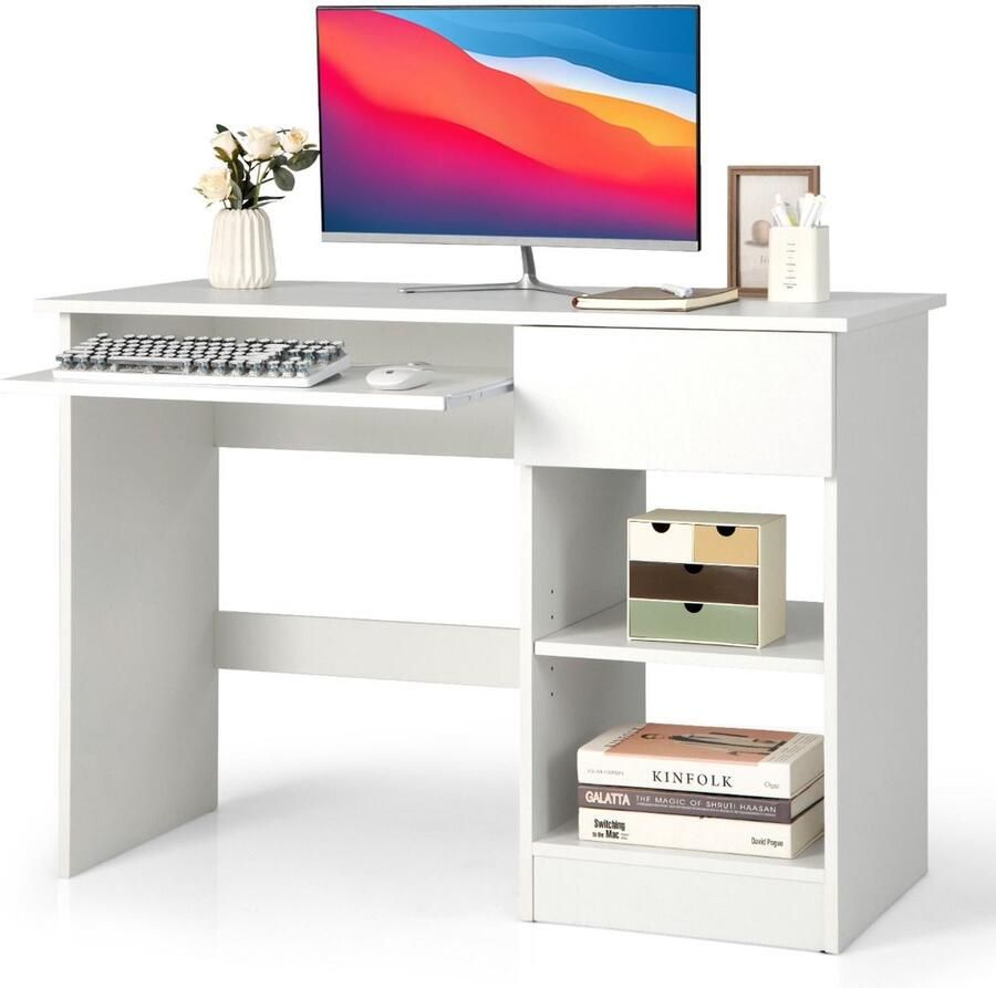Costway SureDeal Bureau Toetsenbord Houder 2 Opbergplanken Lade 108x48x75 cm Kabelgoot Gaming Bureau Slaapkamer Kantoor