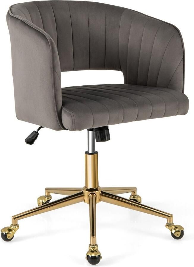 Trendmix Moderne Fluwelen Kantelbare Bureaustoel Grijs Draaistoel met Gestoffeerde Rugleuning Gouden Onderstel & 360° Wielen In Hoogte Verstelbaar 150 kg Belasting