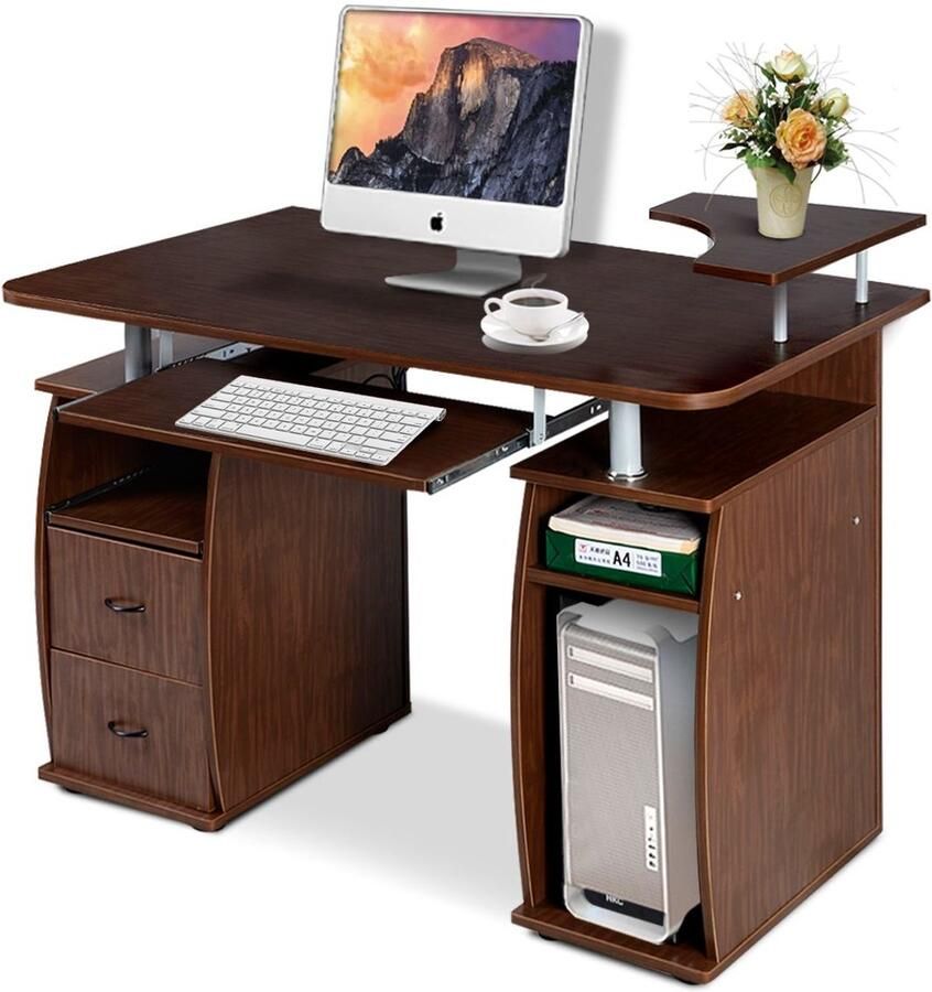 Costway SureDeal Computertafel Bureau 120x55x85 cm PC Tafel met Toetsenbordlade -Printerplank Zwart MDF Werktafel Stevig -Praktisch voor Thuis -Kantoor