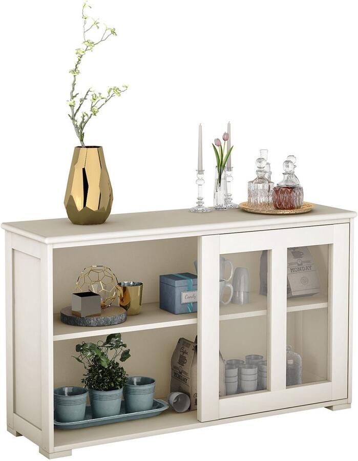 Costway SureDeal Dressoir MDF -Gehard Glas 106 -5x33x62 -5 cm Crèmewit Met Verstelbare Plank -Glazen Schuifdeuren