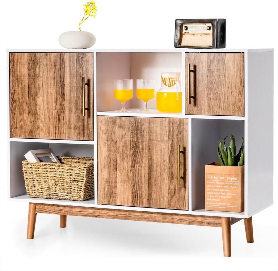 Costway SureDeal Dressoir met 6 Vakken Wit -Koffiebruin Staande Opbergkast met Deuren Modern Asymmetrisch Design Voor Woonkamer Slaapkamer -Keuken