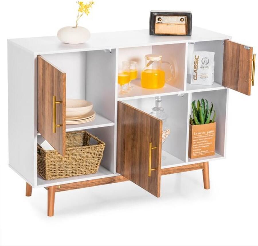 Costway SureDeal Dressoir Staande Kast Opbergkast Vrijstaande Houten Kast Boekenkast Woonkamer Slaapkamer Wit + Koffiebruin