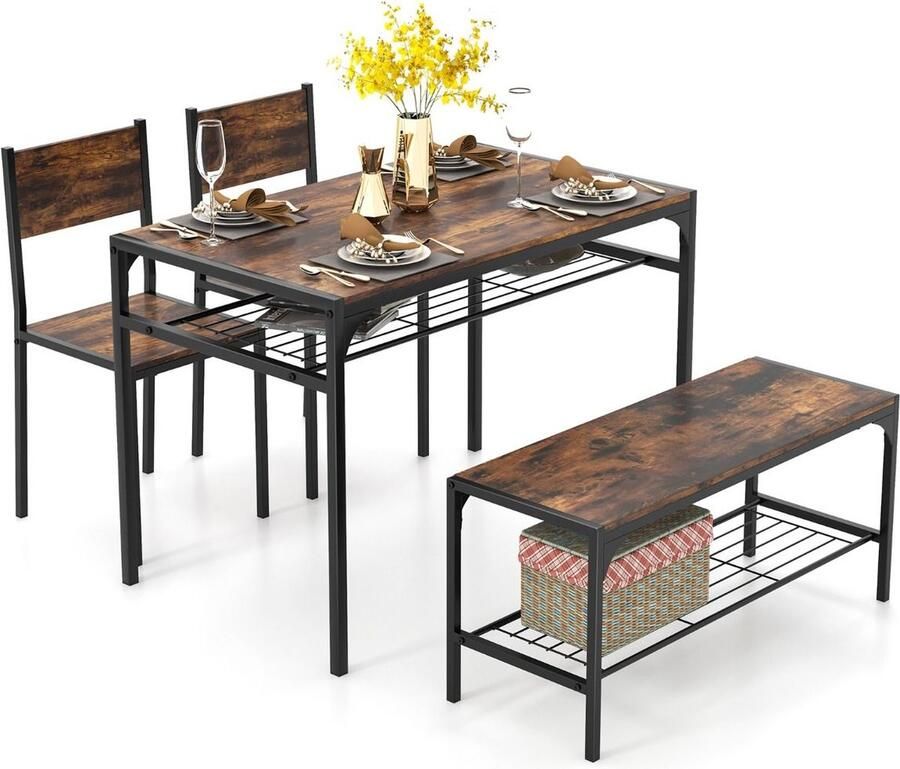 Costway SureDeal Eettafel Set Keukentafel Twee stoelen Bankje Met opbergruimte Eettafel 4 Personen 110x65x76 cm Tafel Woonkamer Eetkamer Balkon Bruin