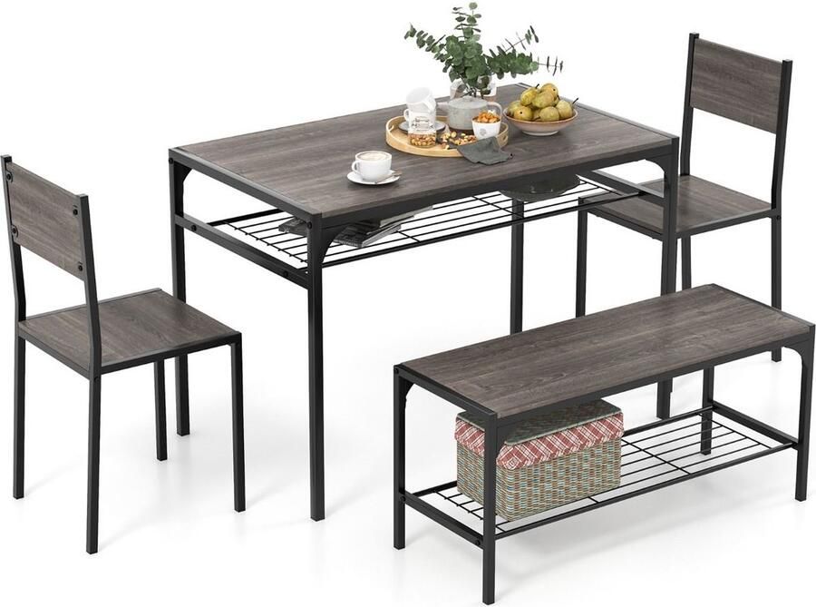 Costway SureDeal Eettafel Set Keukentafel Twee stoelen Bankje Met opbergruimte Eettafel 4 Personen 110x65x76 cm Tafel Woonkamer Eetkamer Balkon Grijs