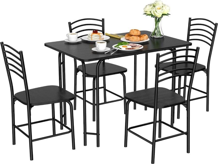Costway SureDeal Eettafel Set Keukentafel Vier stoelen Eettafel 4 Personen Roestbestendig 107x70x75 cm Tafel Woonkamer Eetkamer Balkon Zwart