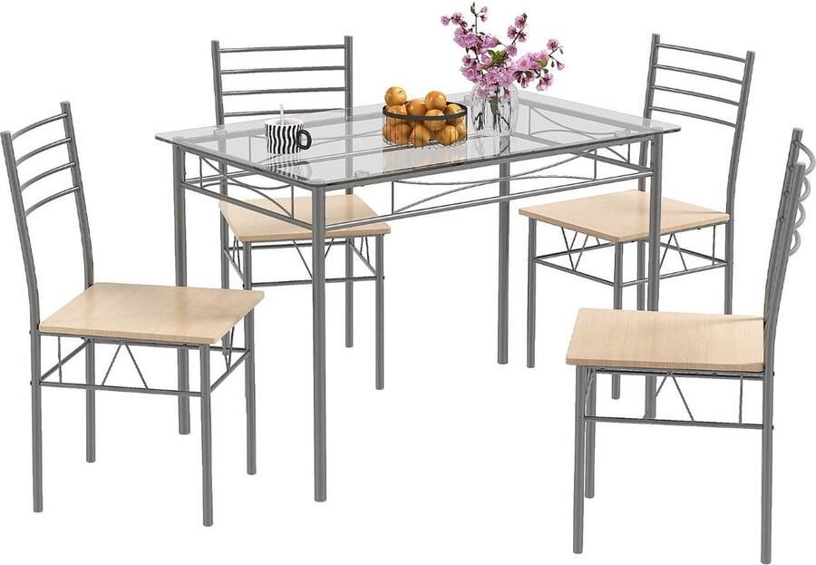 Costway SureDeal Eettafel Set Keukentafel Vier stoelen Eettafel 4 Personen Roestbestendig 107x70x76 cm Tafel Woonkamer Eetkamer Balkon Glazen Tafelblad
