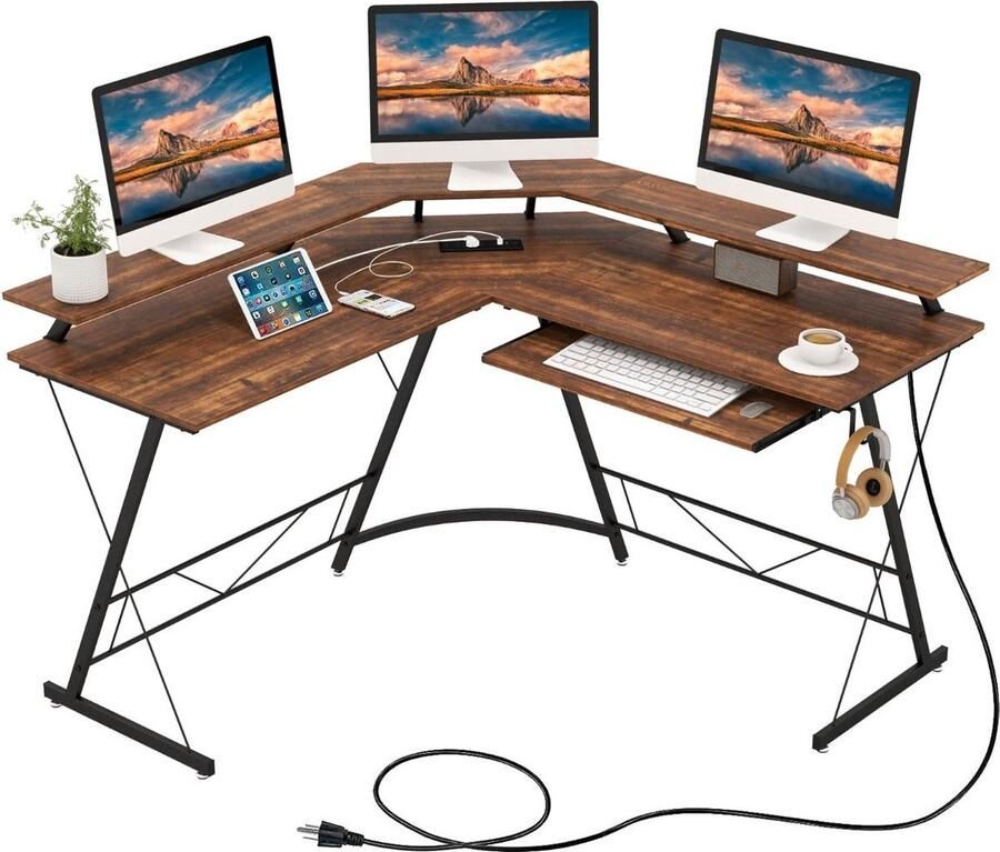 Costway SureDeal Groot Hoekbureau Hout L-Vorm 130x130x86 cm Bureau Bruin Gaming Bureau Slaapkamer Kantoor