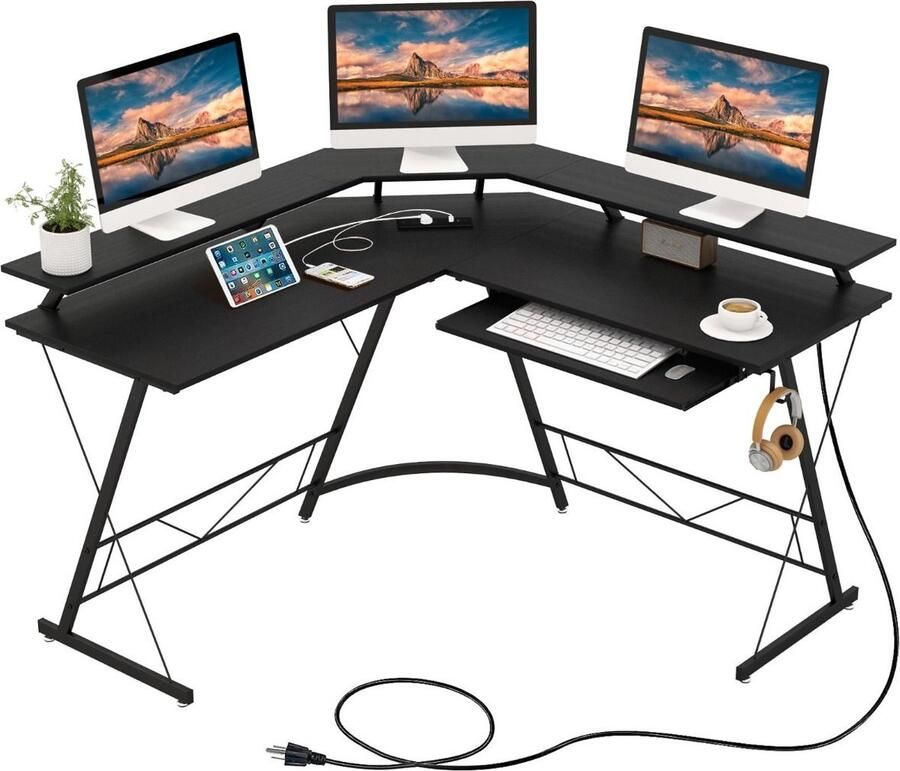 Costway SureDeal Groot Hoekbureau Hout L-Vorm 130x130x86 cm Bureau Zwart Gaming Bureau Slaapkamer Kantoor