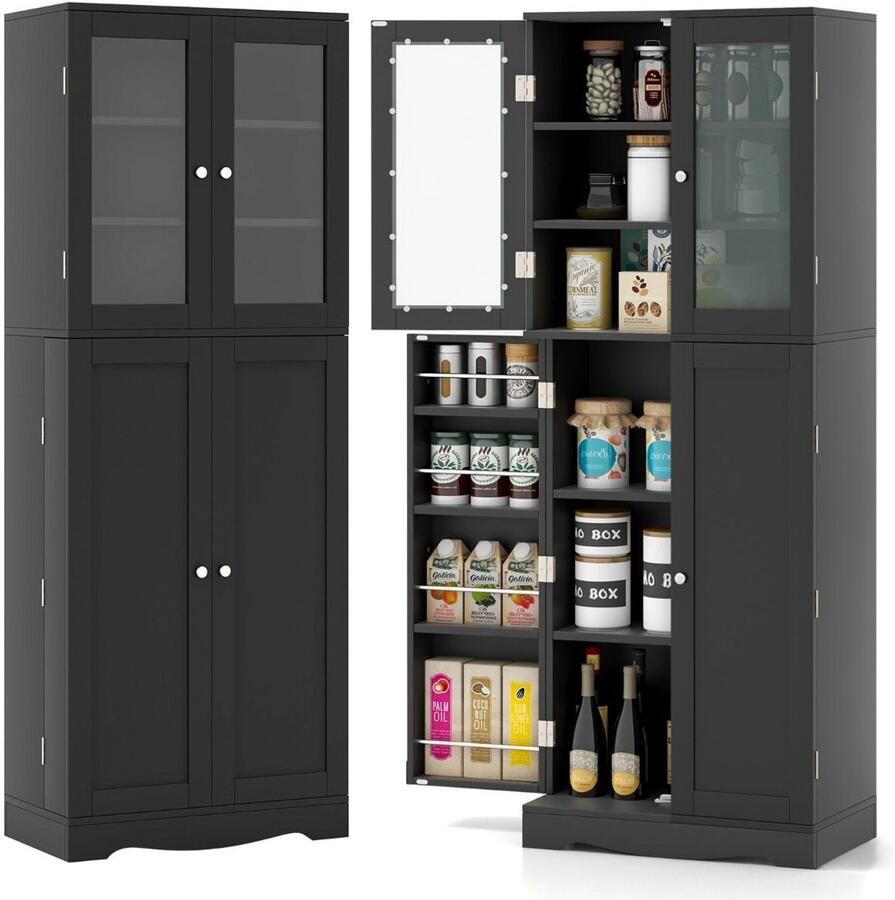 Costway SureDeal Hoge Opbergkast Vrijstaand Keukenbuffet 60x31 -5x161 -5 cm MDF -Gehard Glas Zwart Met Dubbele Deuren -Anti-Kantelontwerp