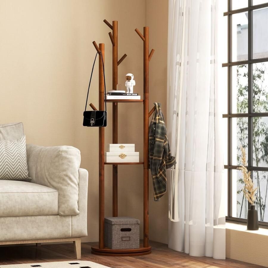 Costway SureDeal Kapstok 9 haken 360° Draaibaar Hout Klassiek Wandkapstok Kast Woonkamer Garderobe Gangkast