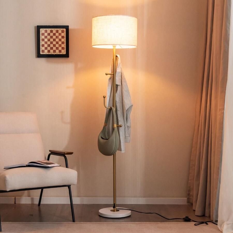 Costway SureDeal Kapstok Lamp 2-in-1 Goud Luxe Staande Lamp Verzwaarde voet