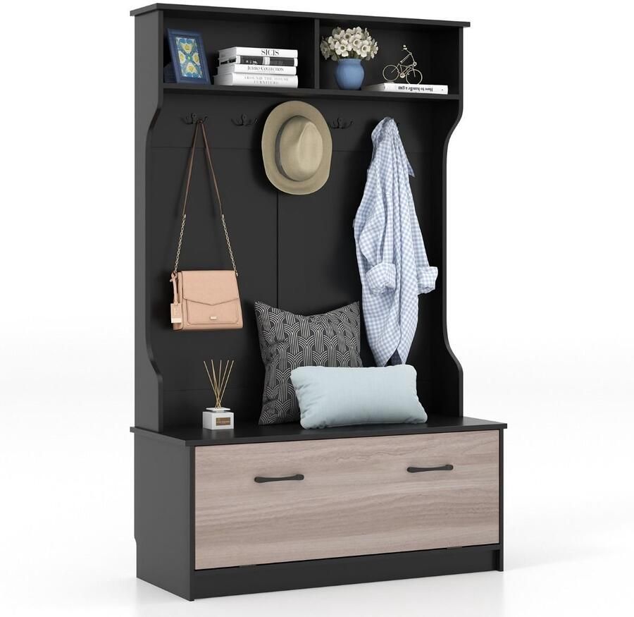 Costway SureDeal Kapstok met Zitbank -5 Dubbele Haken Garderobe met Open Vakken -Schoenenkast Halgarderobe voor Hal Entree -Slaapkamer Zwart
