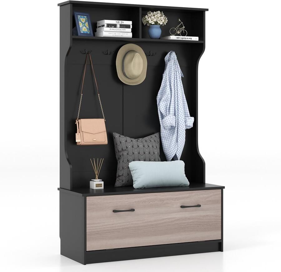 Costway Kapstok met zitbank en 5 dubbele haken garderobe met open vakken en schoenenkast halgarderobe voor entree slaapkamer 100 x 40 x 160 cm