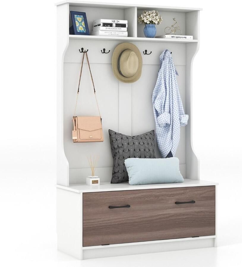 Costway SureDeal Kapstok Schoenenrek Hout Bankje Kast Wit 100x40x160 cm Garderobe Wandkapstok Schoenenkast Slaapkamer