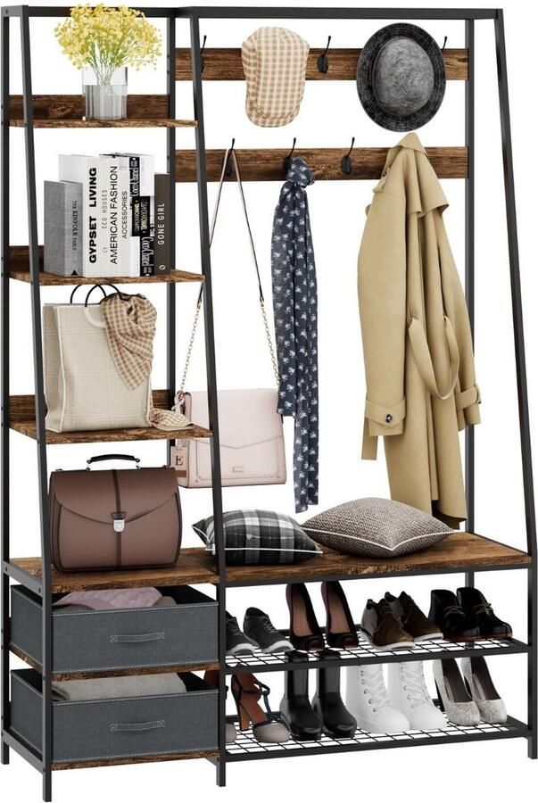 Costway SureDeal Kapstok Schoenenrek Hout Zwart Industrieel 122x40x180 cm Garderobe Wandkapstok Schoenenkast