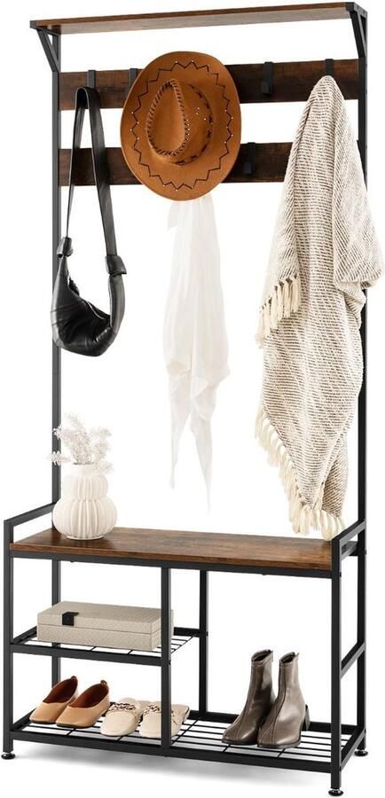 Costway SureDeal Kapstok Schoenenrek Hout Zwart Industrieel 84x30 5x183 cm Garderobe Wandkapstok Schoenenkast
