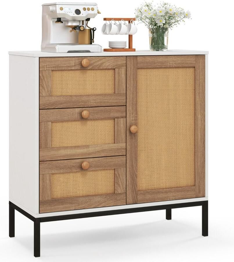 Costway SureDeal Kast Huiskamer Buffetkast Bohemian Rotan Wit 80x35x80 5 cm Design Kast
