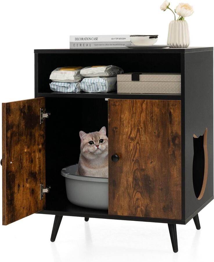 Costway SureDeal Kattenhuis Kattenbak Krabpaal Kast 2-in-1 Halmeubel Nachtkastje Opgeruimde Kamer 60x45x75 cm Kattenmand Dressoir Bijzetkastje Katten Dierenhuis