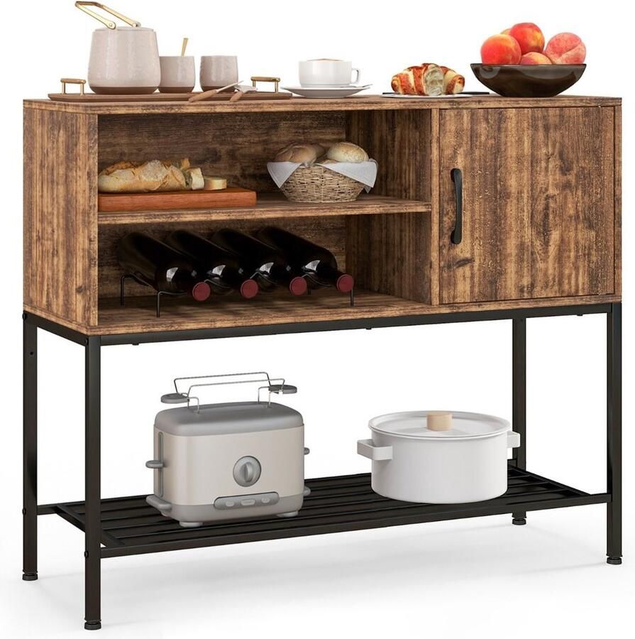 Costway SureDeal Keukenkast Buffetkast Wijnrek 4 Flessen Dressoir Bruin 100x35x83 cm Barkast Kast Keuken Huiskamer