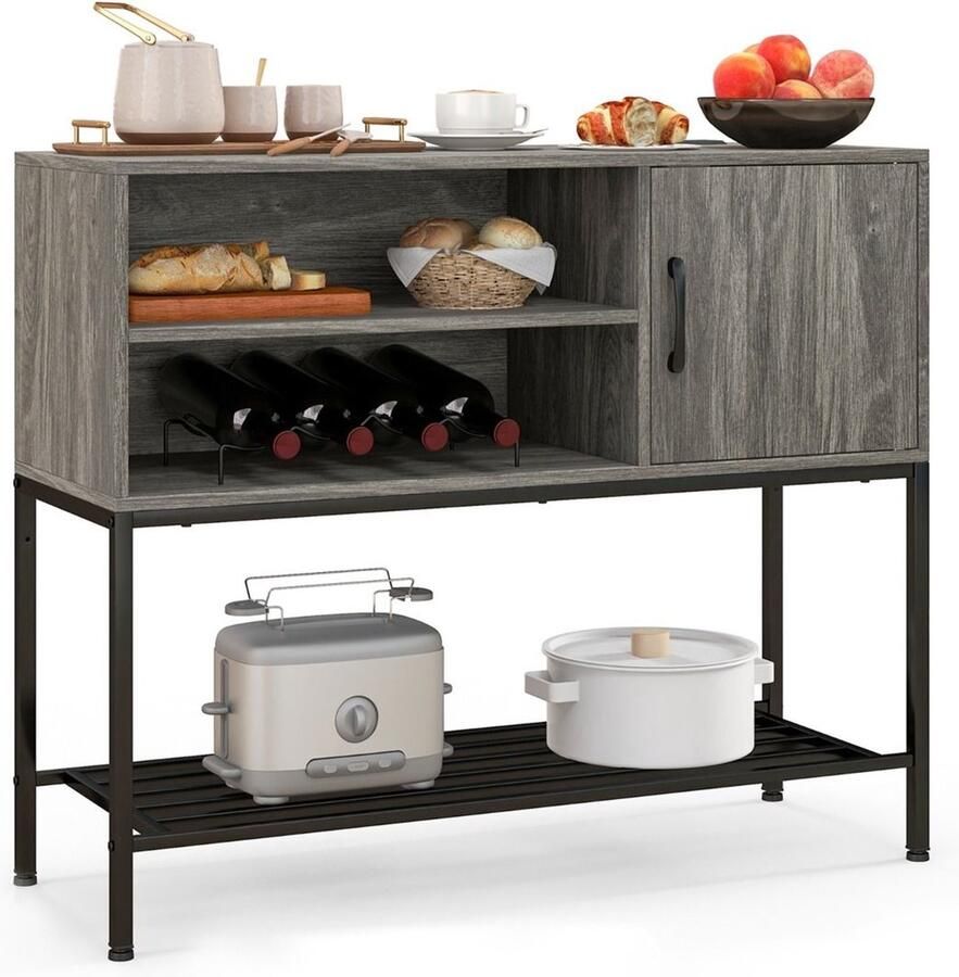 Costway SureDeal Keukenkast Buffetkast Wijnrek 4 Flessen Dressoir Grijs 100x35x83 cm Barkast Kast Keuken Huiskamer