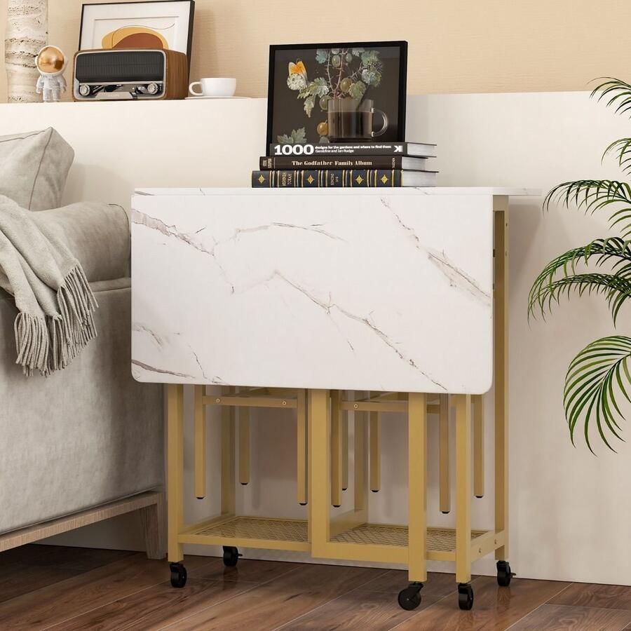 Costway SureDeal Keukentafel Eettafel Ruimtebesparend Salontafel Verplaatsbaar Uitschuifbaar Met Stoelen Met Wielen Goud 74x74x80 cm