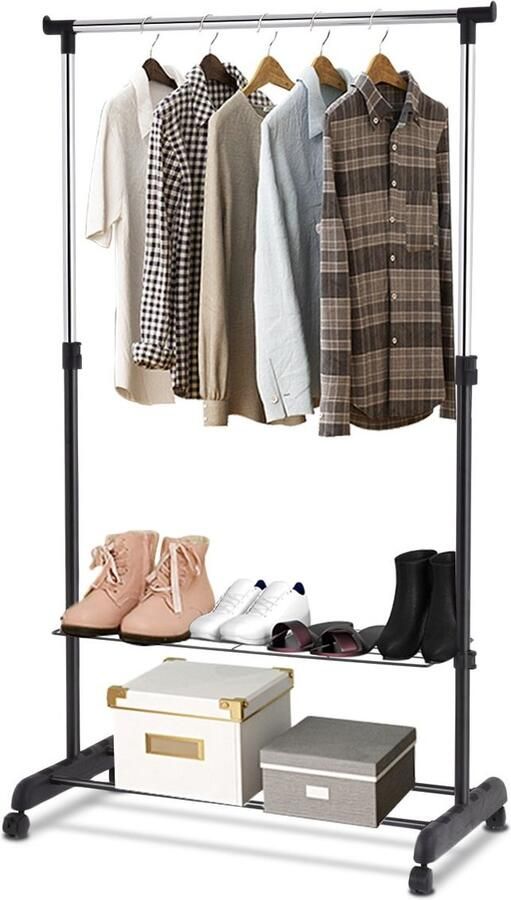 Costway SureDeal Kledingrek Op Wielen Zwart Verplaatsbaar Kledingkast Slaapkamer Kast 84x42x(92-168) cm Schoenenrek Slaapkamer