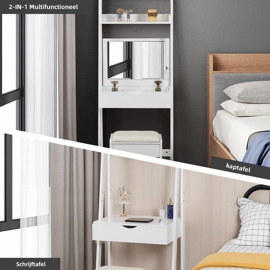 Costway SureDeal Make up Tafel Bureau 2-in-1 met Krukje Spiegel Met Lade 61 5x40x180 cm Wit Kaptafel Organizer Cadeau voor Vrouw Kast Organizer