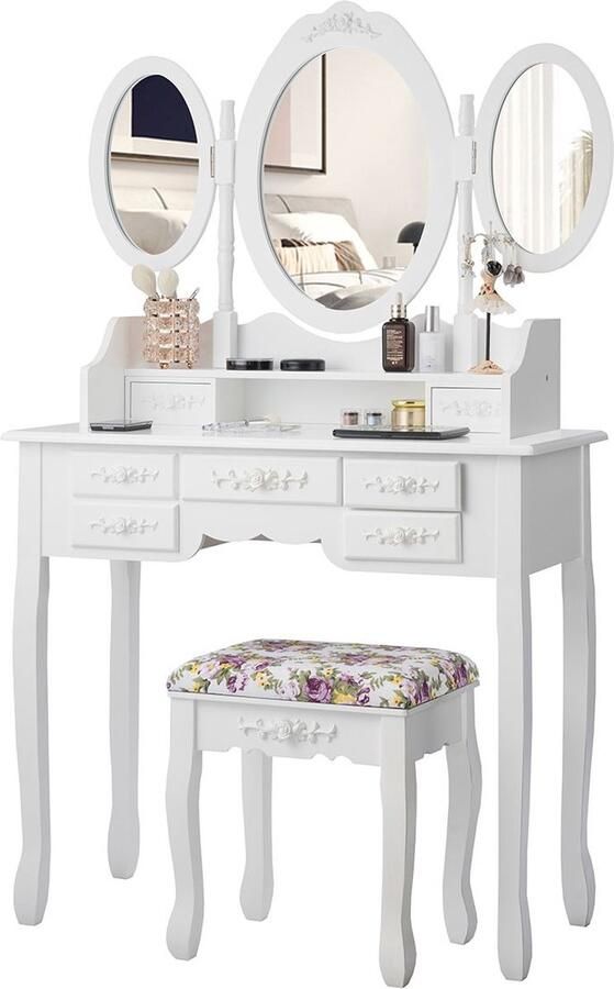 Costway SureDeal Make up Tafel Drie Spiegels 7 Lades Met Gestoffeerde Kruk Luxe Uitstraling 150x40x90 cm Wit Kaptafel Kast Organizer Bureau Cadeau voor Vrouw