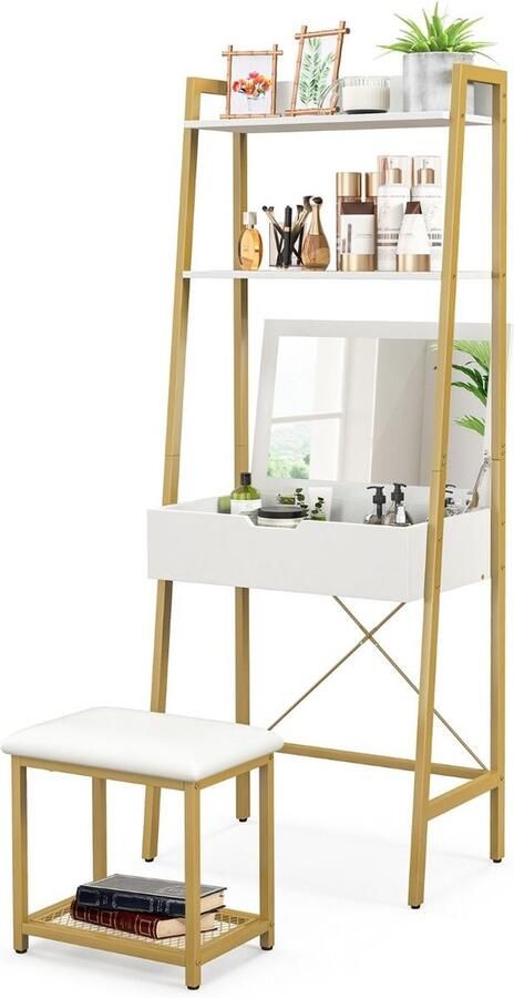Costway SureDeal Make up Tafel Inklapbare Spiegel 4 Vakken Met Kruk Luxe Uitstraling Goud 60x39 5x164 5 cm Kaptafel Kast Organizer Bureau Cadeau voor Vrouw
