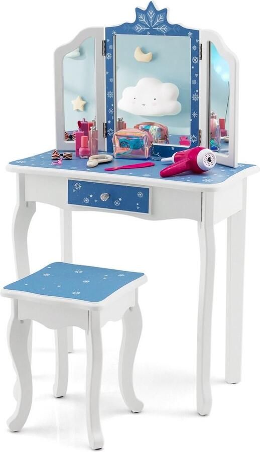 Costway SureDeal Make-Up tafel Kinderen Kaptafel Met Krukje 2-In-1 Bureau Spiegels Blauw 59x29x99 cm Speelgoed Meisje Cadeau