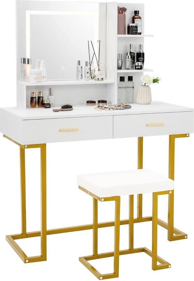 Costway SureDeal Make up Tafel Spiegel met Verlichting 2 Lades Met Kruk Luxe Uitstraling Goud 100x45x137 cm Led Lampen Kaptafel Kast Organizer Bureau Cadeau voor Vrouw