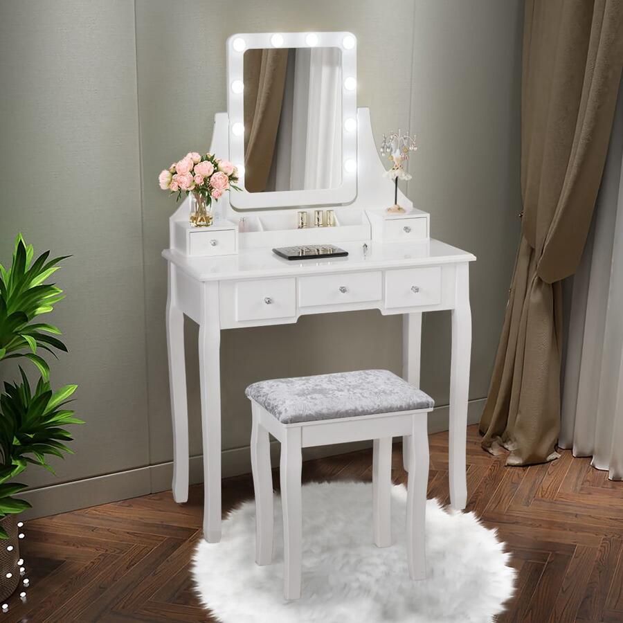 Costway SureDeal Make up Tafel Spiegel met Verlichting 5 Lades Met Gestoffeerde Kruk Luxe Uitstraling 80x40x135 5 cm Led Lampen Wit Kaptafel Kast Organizer Bureau Cadeau voor Vrouw