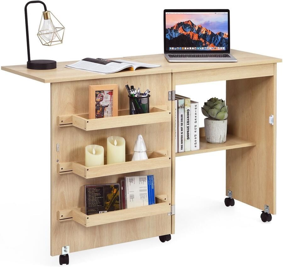 Costway SureDeal Naaimachinetafel Opvouwbaar MDF 118 -5x40x79 -5 cm Licht Walnoot Met Wielen -Opbergruimte