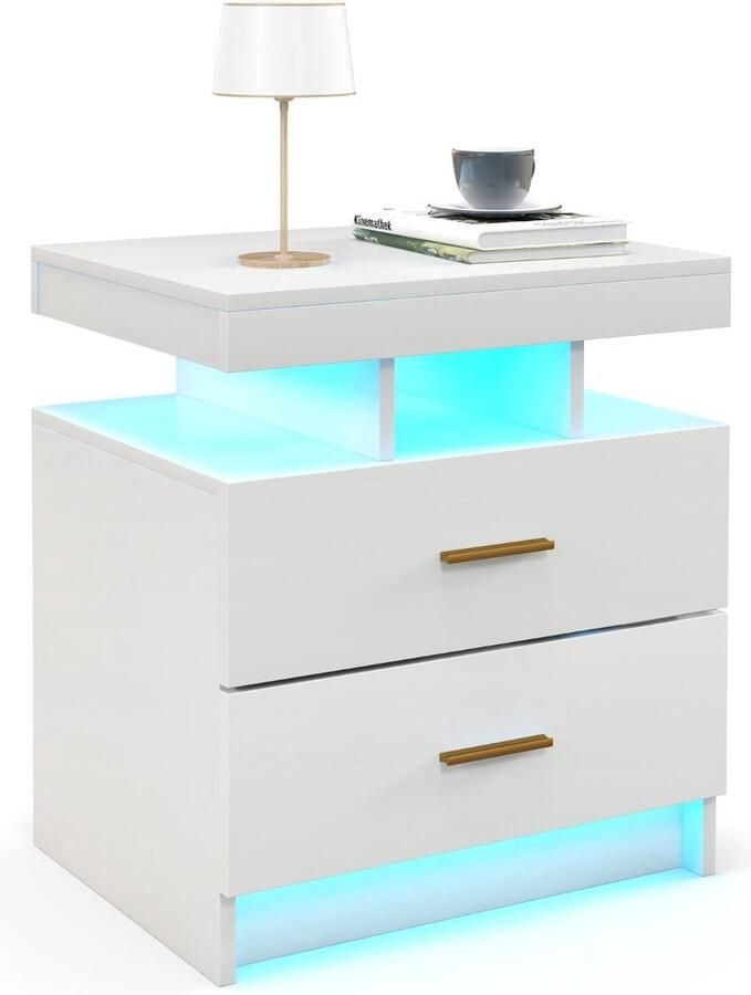 Costway SureDeal Nachtkastje Wit Luxe Slaapkamer LED verlichting 2 Lades 50x40x58 cm Dressoir Kast Huiskamer