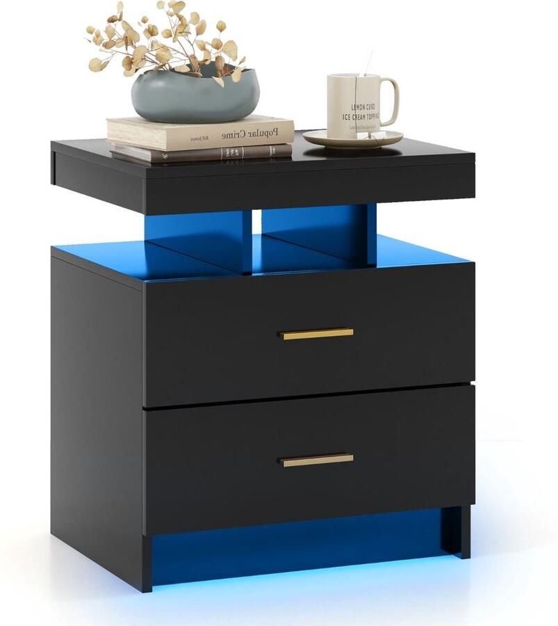 Costway SureDeal Nachtkastje Zwart Luxe Slaapkamer LED verlichting 2 Lades 50x40x58 cm Dressoir Kast Huiskamer