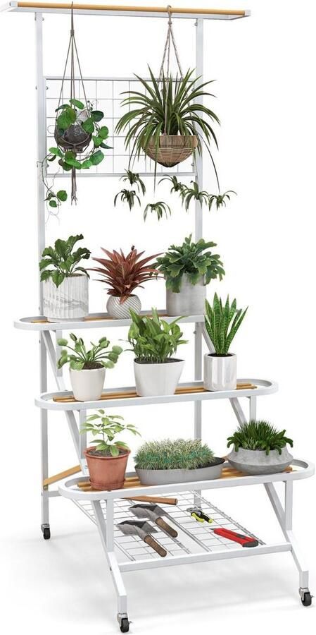 Costway SureDeal Plantenrek Vakkenkast Verplaatsbaar Wielen Binnen en Buiten 4 Etages 80x85x175cm Kantoor Kast Huiskamer Tuin Dressoir Tuinkast