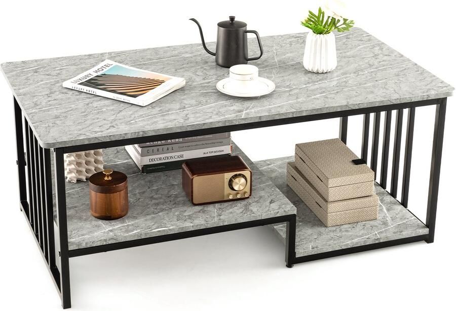 Costway Salontafel koffietafel met 2 planken bijzettafel met marmerlook en metalen frame woonkamertafel banktafel voor woonkamer thuis kantoor grijs 110 x 60 x 45 cm
