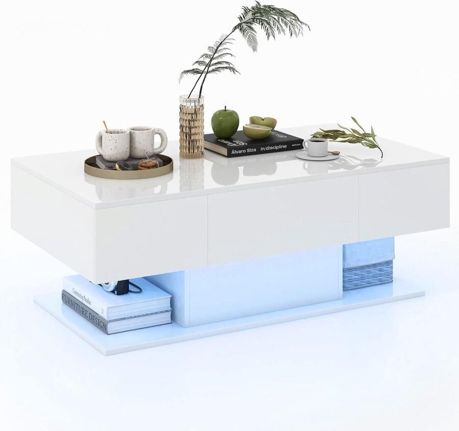 Costway SureDeal Salontafel Led Lampen Huiskamer 2 Laden Bureau Wit 110x60x40 cm Bijzettafel Consoletafel